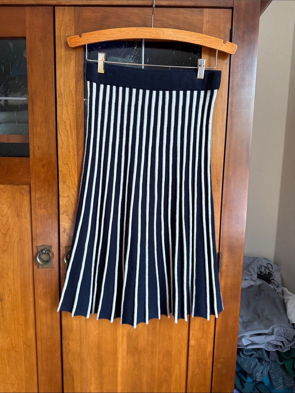 Navy and White Striped Pleated A-Line Skirt